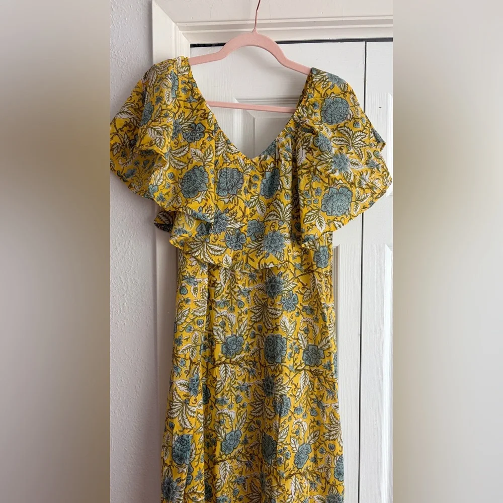 MILLE Resort & Travel Juliet Yellow Blue Floral Ruffle Maxi Summer Cotton Dress